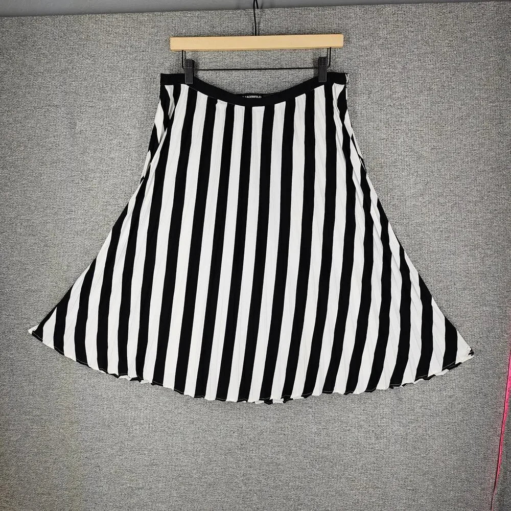 KARL LAGERFELD PARIS WOMEN'S STRIPED WHITE / BLACK PLEATED MIDI SKIRT SIZE 10